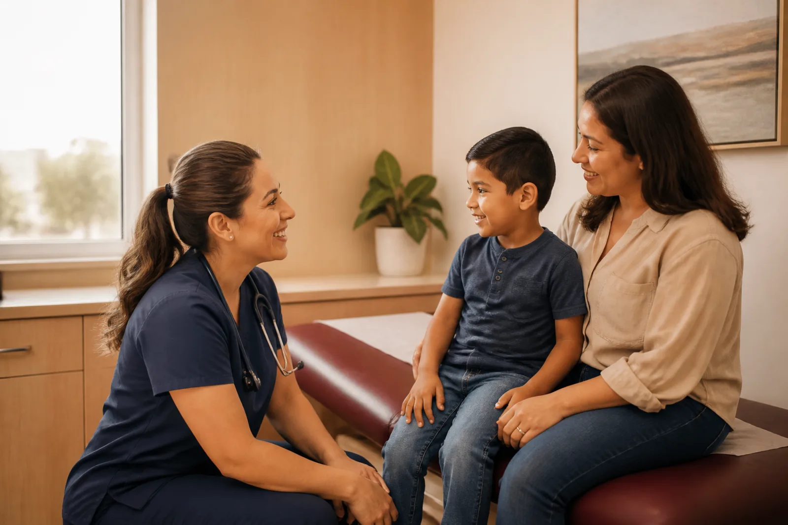 Enfermera atendiendo a una mamá y su hijo en Clínica Hispana San Judas, Odessa, TX